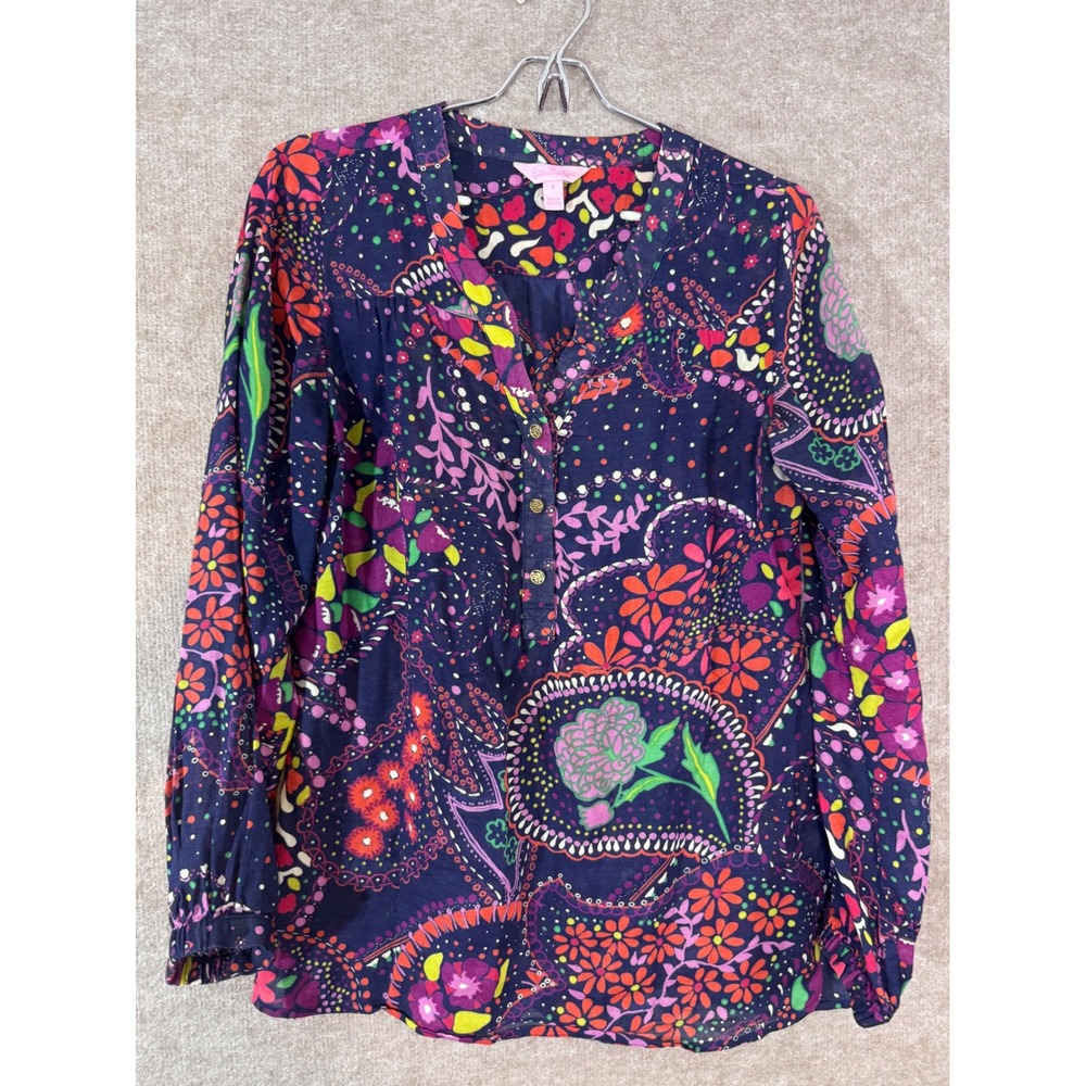 Lilly Pulitzer Henley Blouse Women Small Navy Floral Paisley Cotton Preppy Boho
